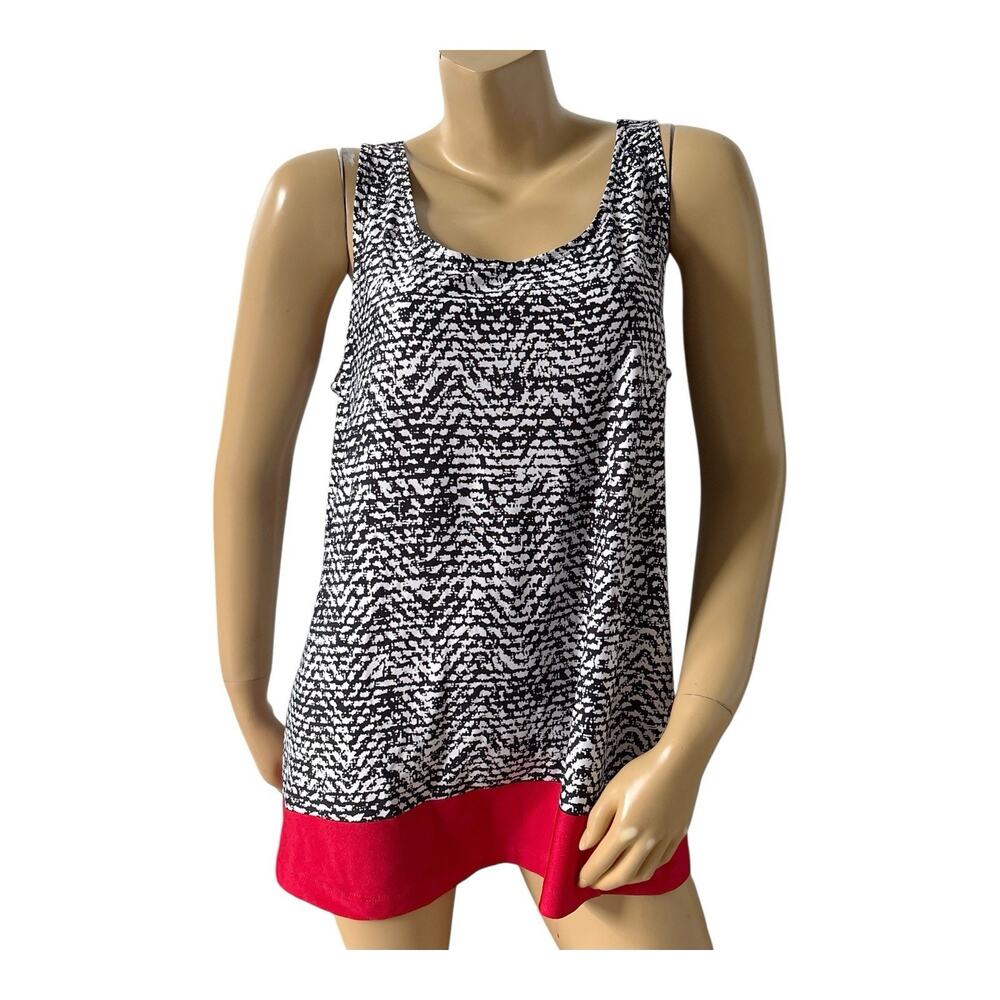 Sleeveless Black & White Patterned Tank with Red Hem - Women
